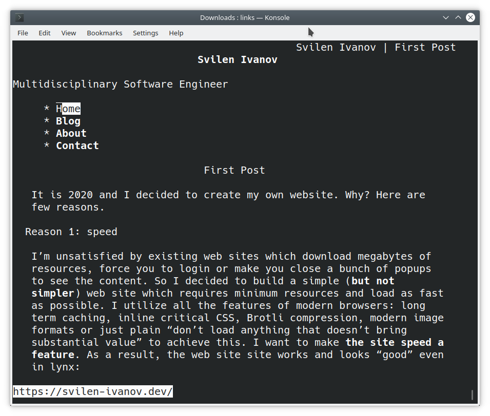 Screenshot of Links displaying this web site